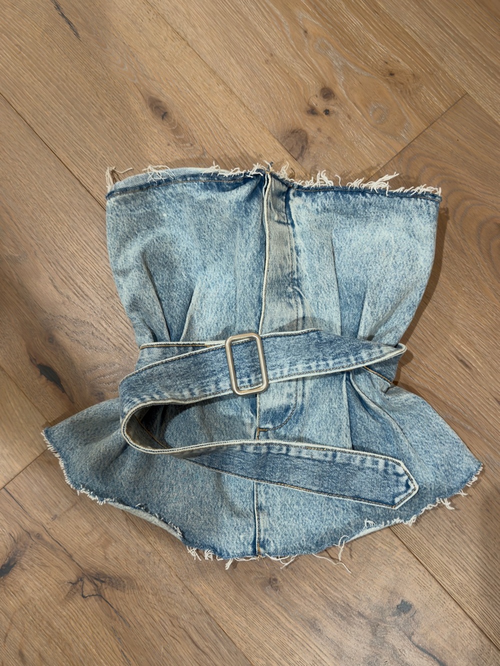 Zara Light Blue Denim Strapless Crop Top with Belt